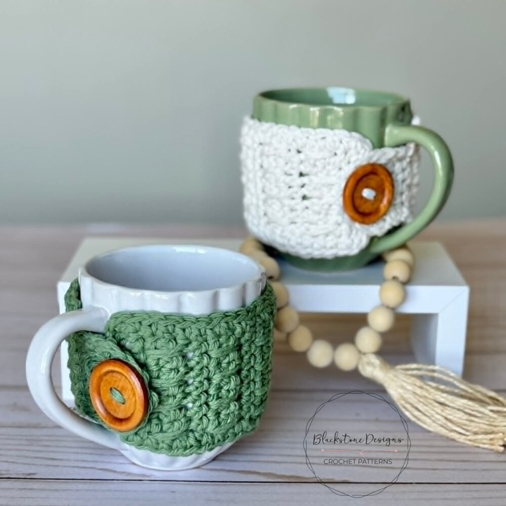Farmhouse style crochet mug cozy in neutral tones with wooden button
